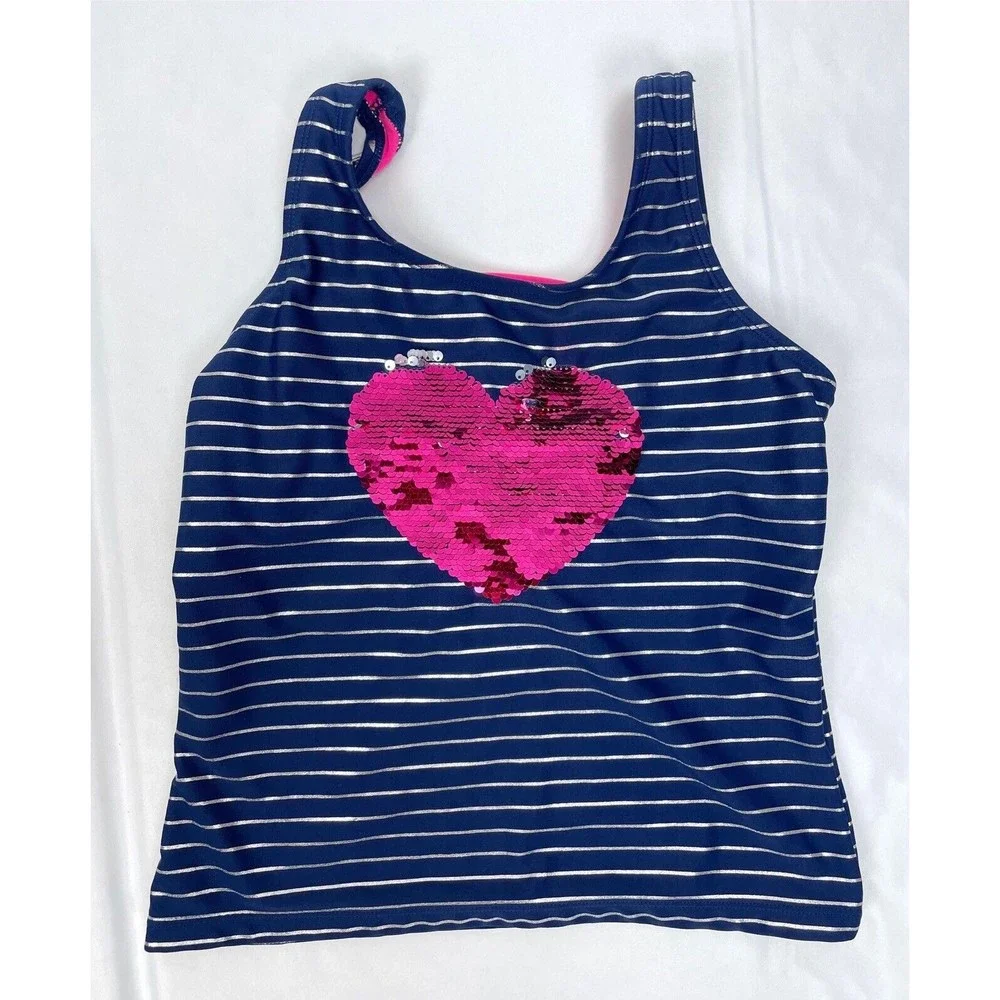 Justice Girl Size 12 Blue Pink Silver Flip Sequin Heart Swim Top Tankini Keyhole